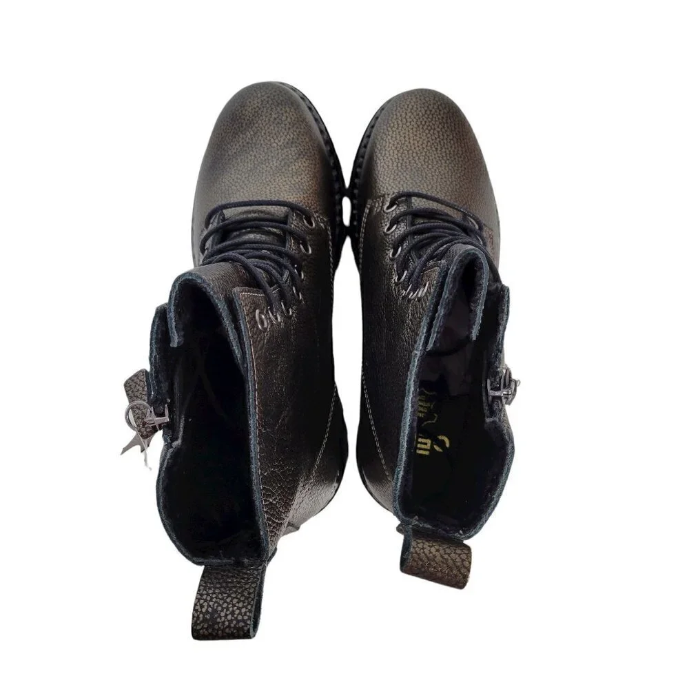 Metallic Leather Combat Boots Black  Women Size EU 36 US 6